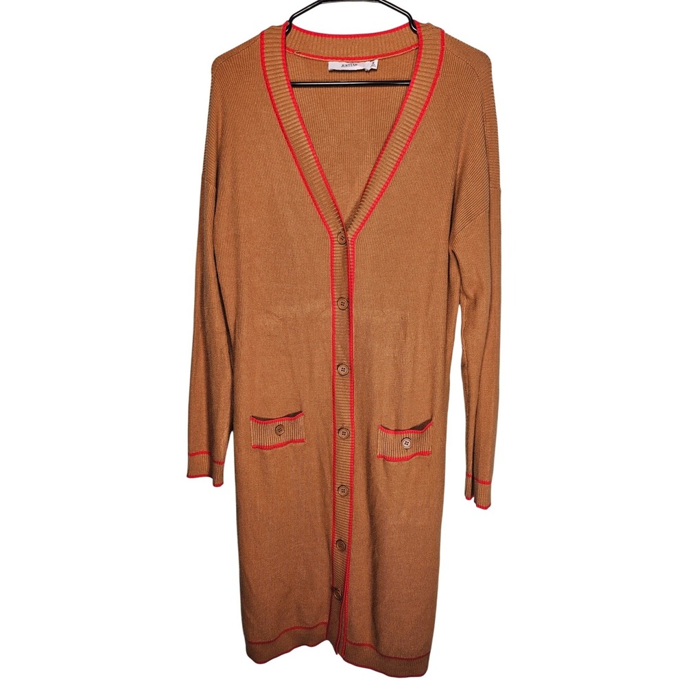 JUSTFAB Caramel Brown Long Sleeve Button Front Knit Cardigan M‎ Red Trim Pockets